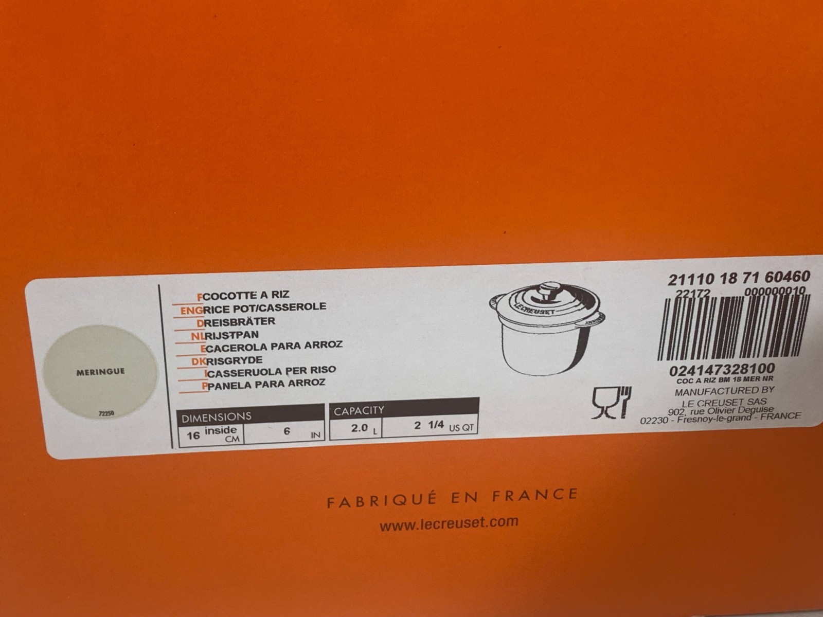 Le Creuset Cocotte Every Rice Pot 18cm 2.25qt Meringue Enamel Cast Iron