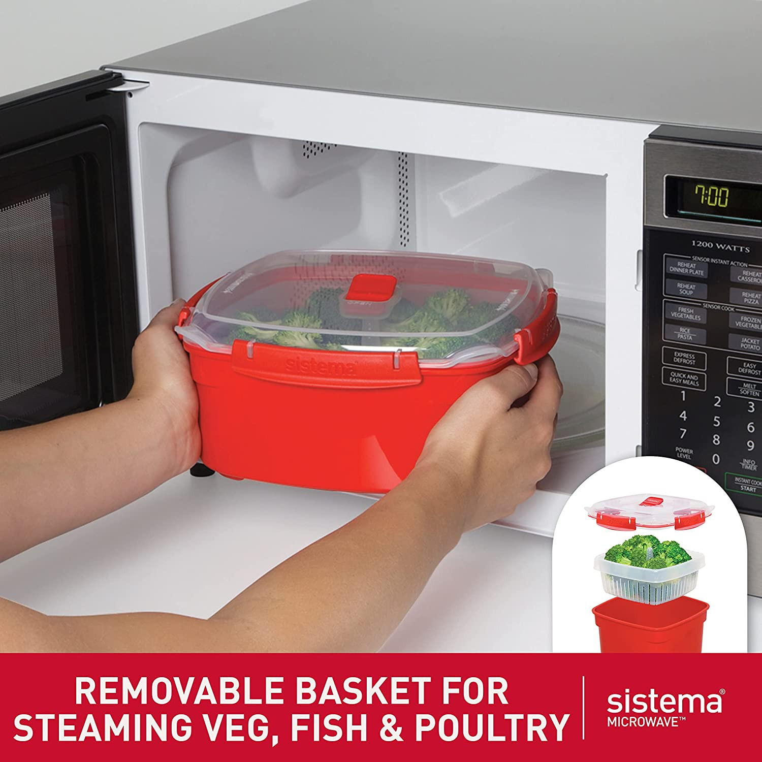 Microwave Food Steamer 3.2L With Basket BPA Free Dishwasher Safe Red Container