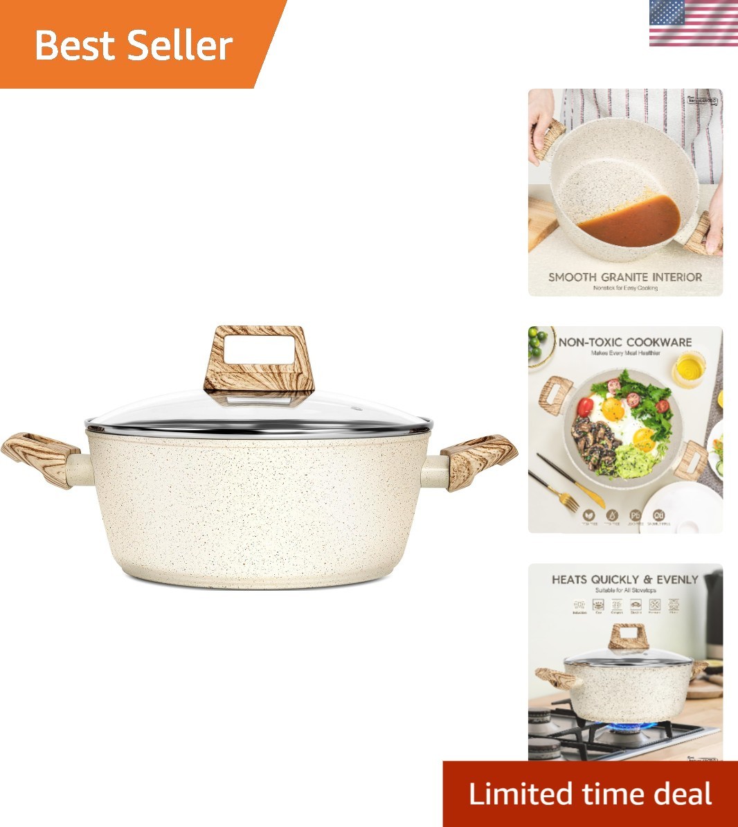 Versatile 4.3 Quart Nonstick Soup Pot with Granite Coating & Easy Clean Finish