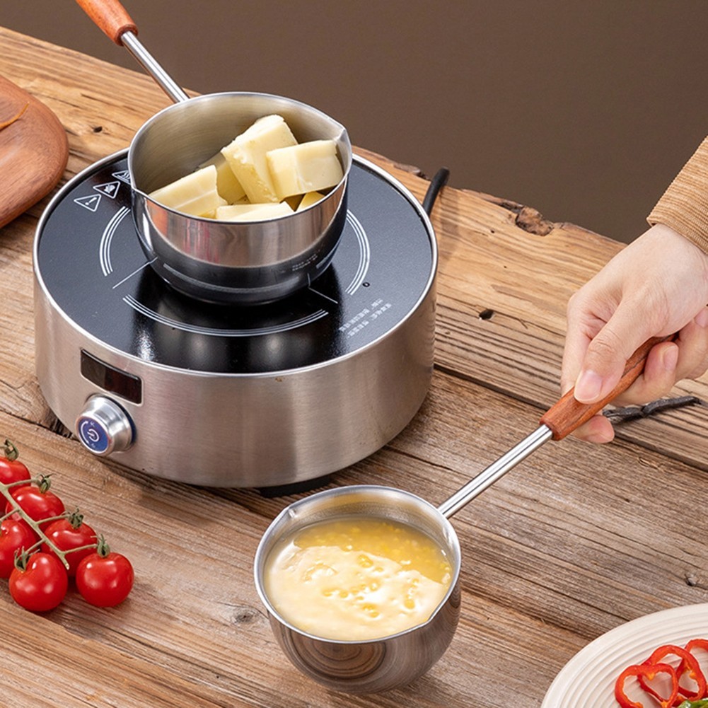 Compact 300ml Stainless Steel Frying Pan with Extended Wooden Handle Design