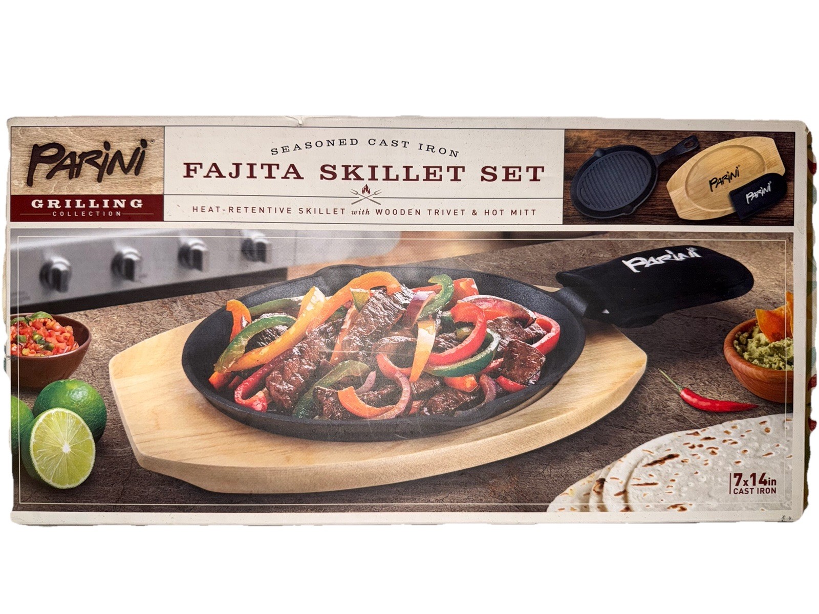 Parini Seasoned Cast Iron Fajita Skillet Set Oval w/ Trivet & Hot Mitt – UNUSED