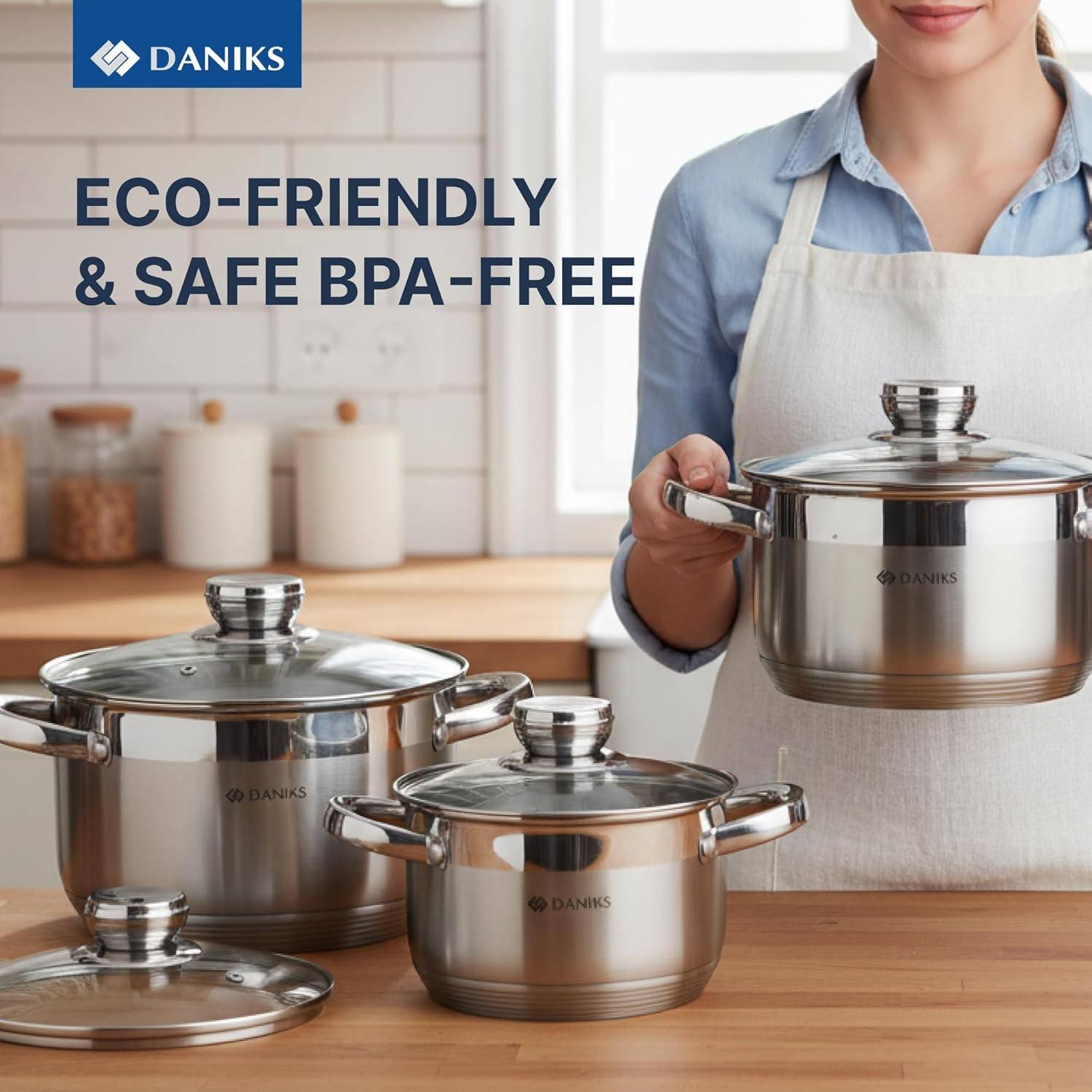 6-Piece Stainless Steel Cookware Set with Glass Lids & Measuring Scale