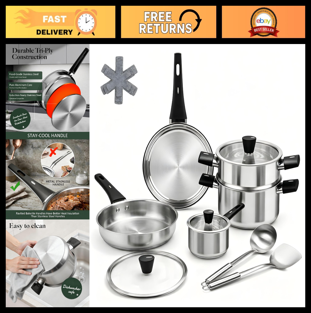 14-Piece Stainless Steel Cookware Set, Non-Toxic Pots & Pans, Dishwasher Safe, S