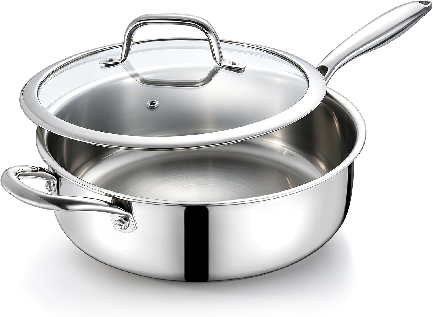 10 Inch Deep Frying Pan with Lid, 4.5QT Tri-Ply Stainless Steel Saute Pan, Br…