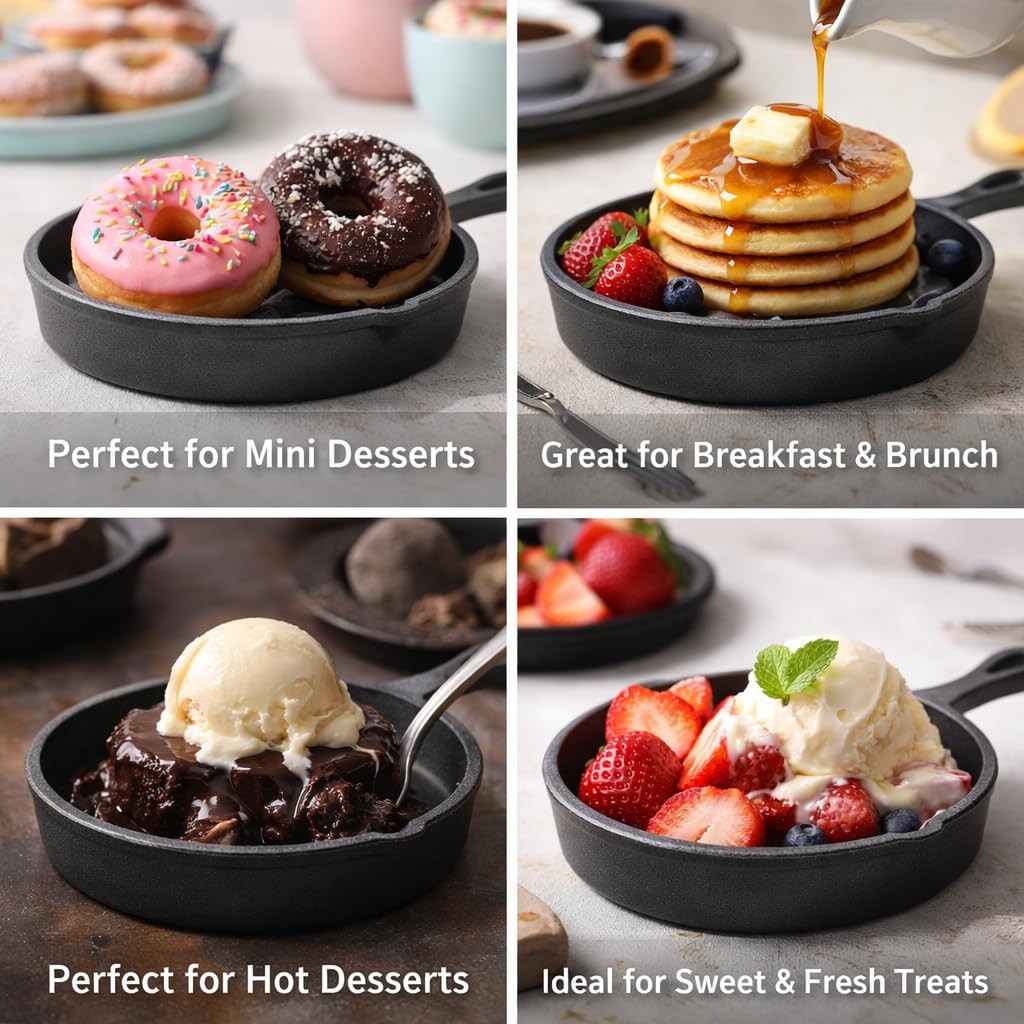 Cast Iron Mini Skillet, Round Pan, Mini Server, DIA 5.3inch, 6 Pcs, Black