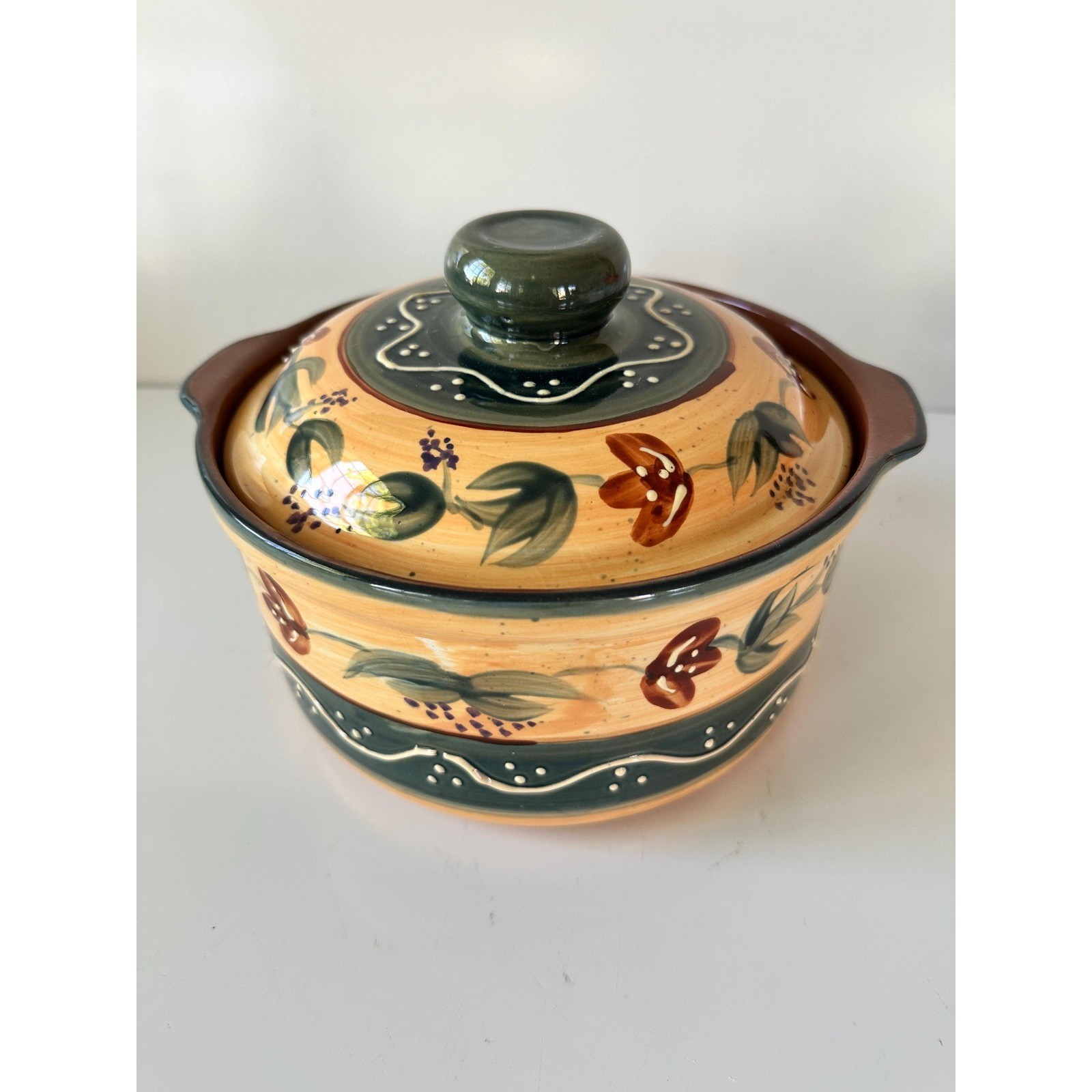 Hand Painted Ceramic Dish Mediterranean Style PotteryLidded Bowl, Rustic Kitchen