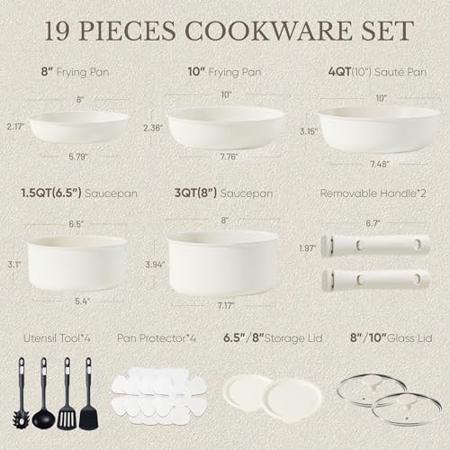 19pcs Pots and Pans Set, Nonstick Cookware Set Detachable 19 Piece Cream White