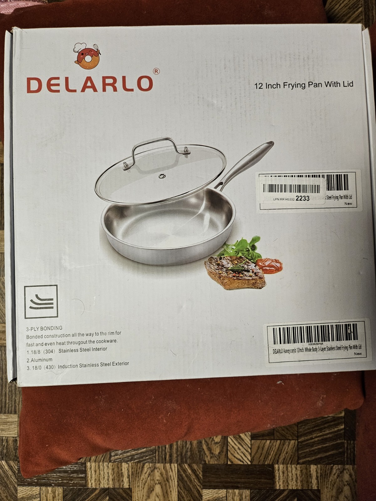 DELARLO Tri-Ply Stainless Steel 12 Inch Deep Heavy Duty Frying Pan with Lid