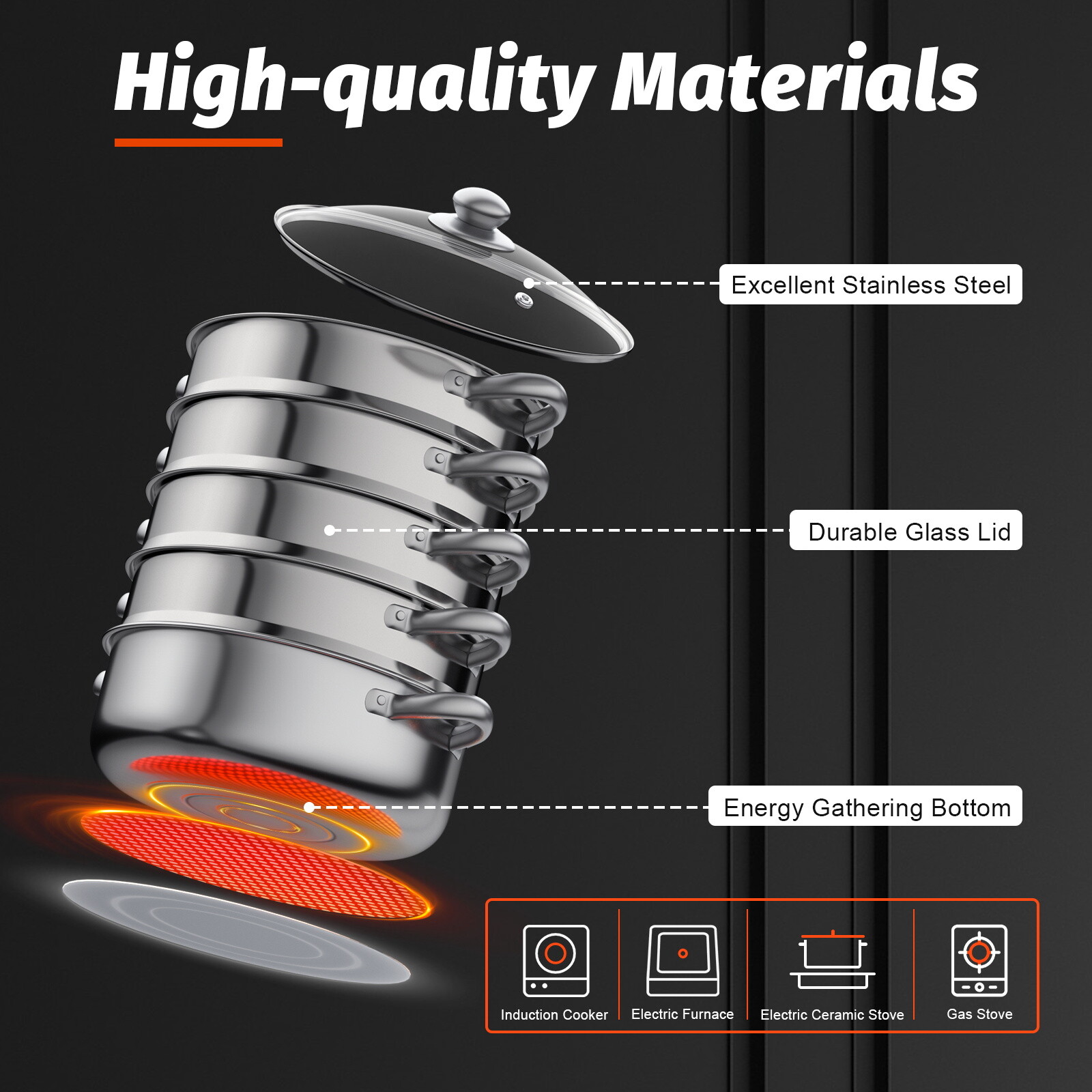 5tier Steamer Cookware Pot Stainless Steel Pot Stainless Steel Food Steamer &Lid