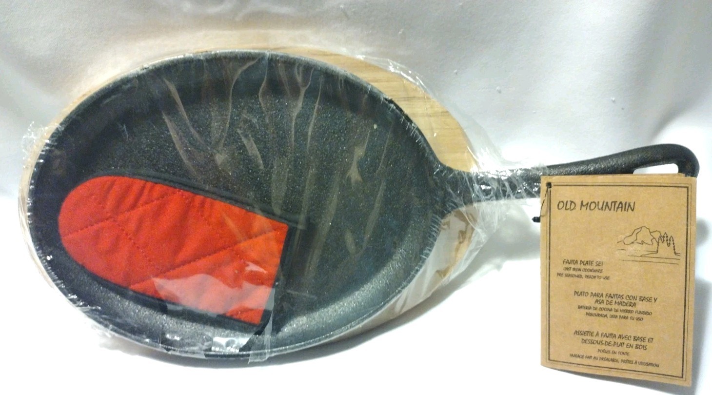 Old Mountain Cast Iron Fajita Skillet w/ Wooden Underliner Plate Set NWT B2