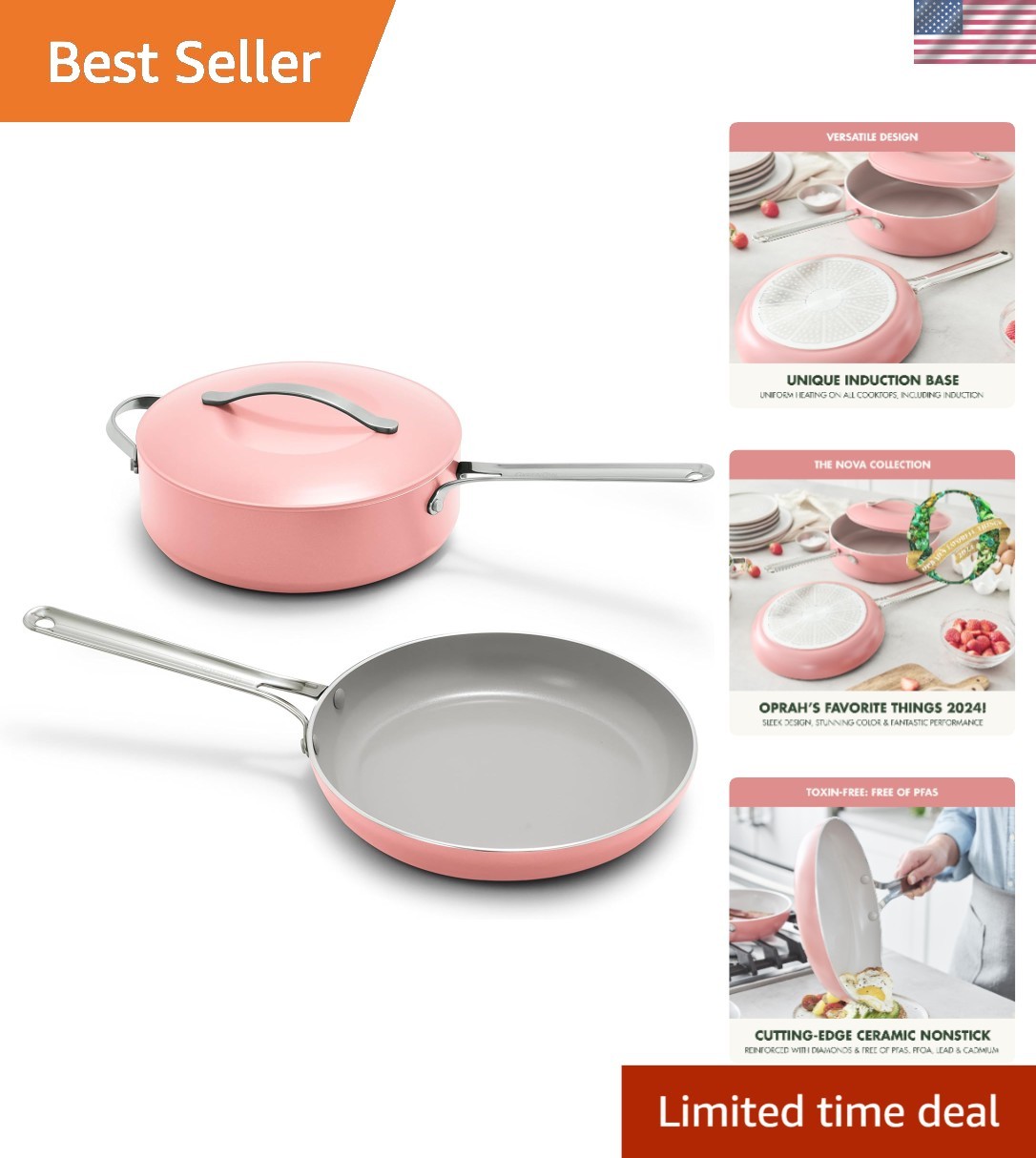 Vibrant Coral Ceramic Nonstick Cookware: 10” Skillet & 4.37QT Sauté Pan with Lid