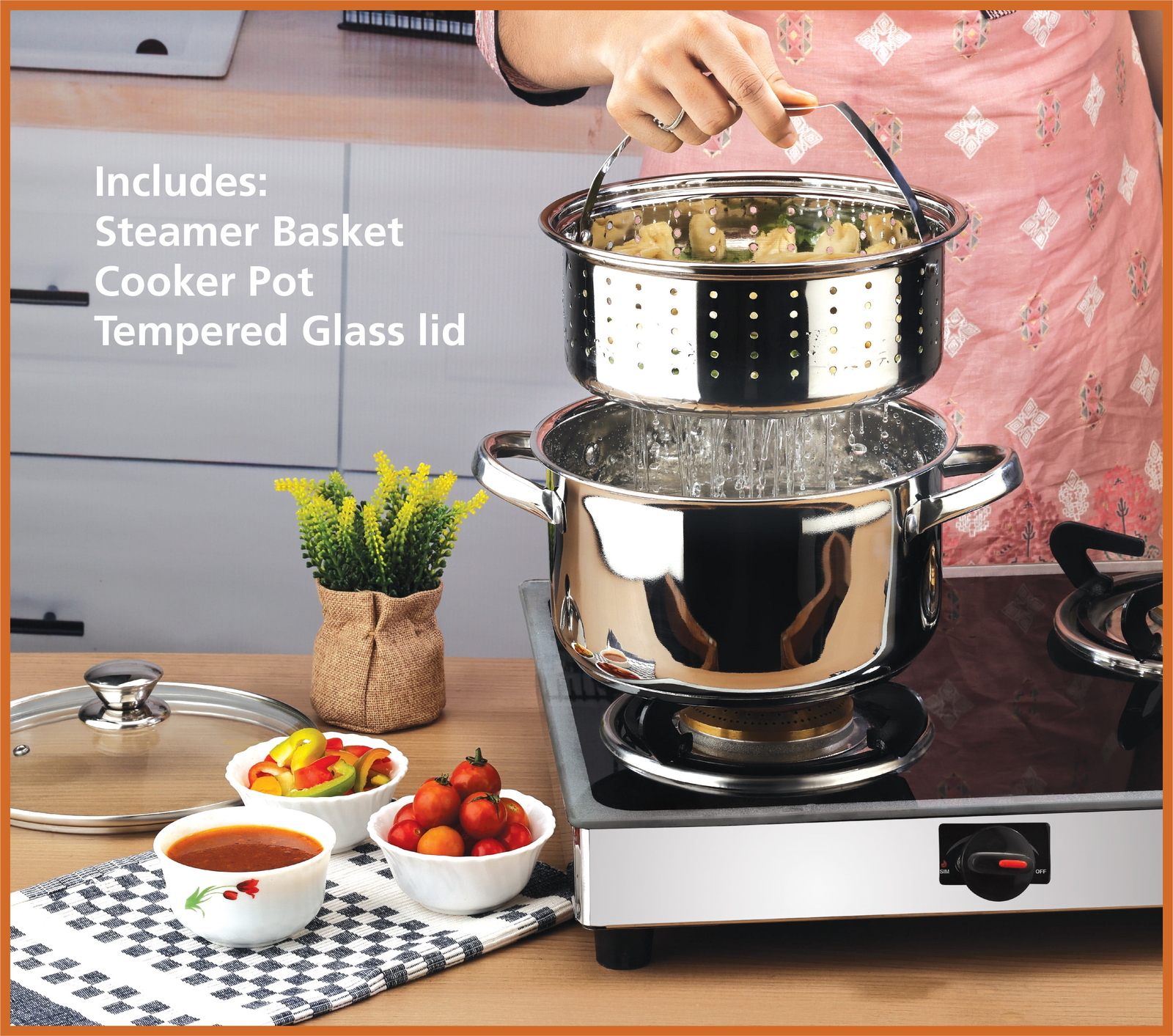 Stainless Steel 4-Quart Steamer Pot with Glass Lid, Induction Compatible