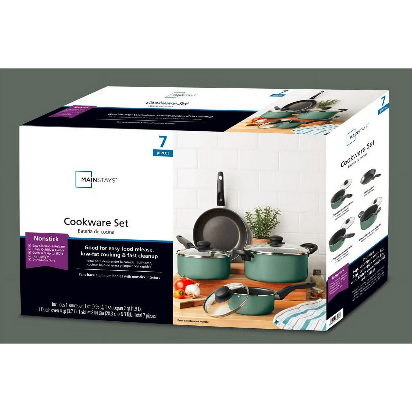 Mainstays 7-Piece Pots and Pans Cookware Set Nonstick Kitchen Pots Pans Green