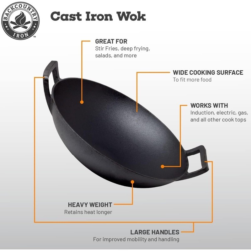 Preseasoned Cast Iron Wok Compatible W/ Gas Electric Induction Cooktops Stir Fry