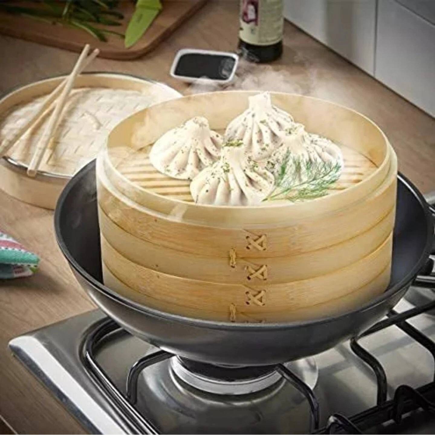 Traditional 10 Inch Bamboo Steamer Basket 2 Tier for Dumplings Buns Vegetables
