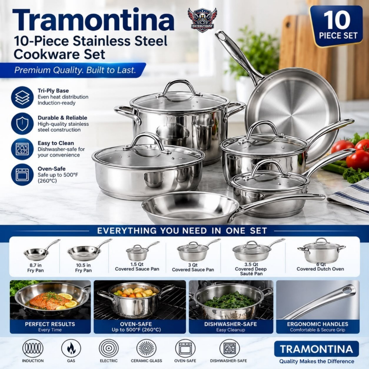 Tramontina 10-Piece Tri-Ply Base Stainless Steel Cookware Set Induction Ready