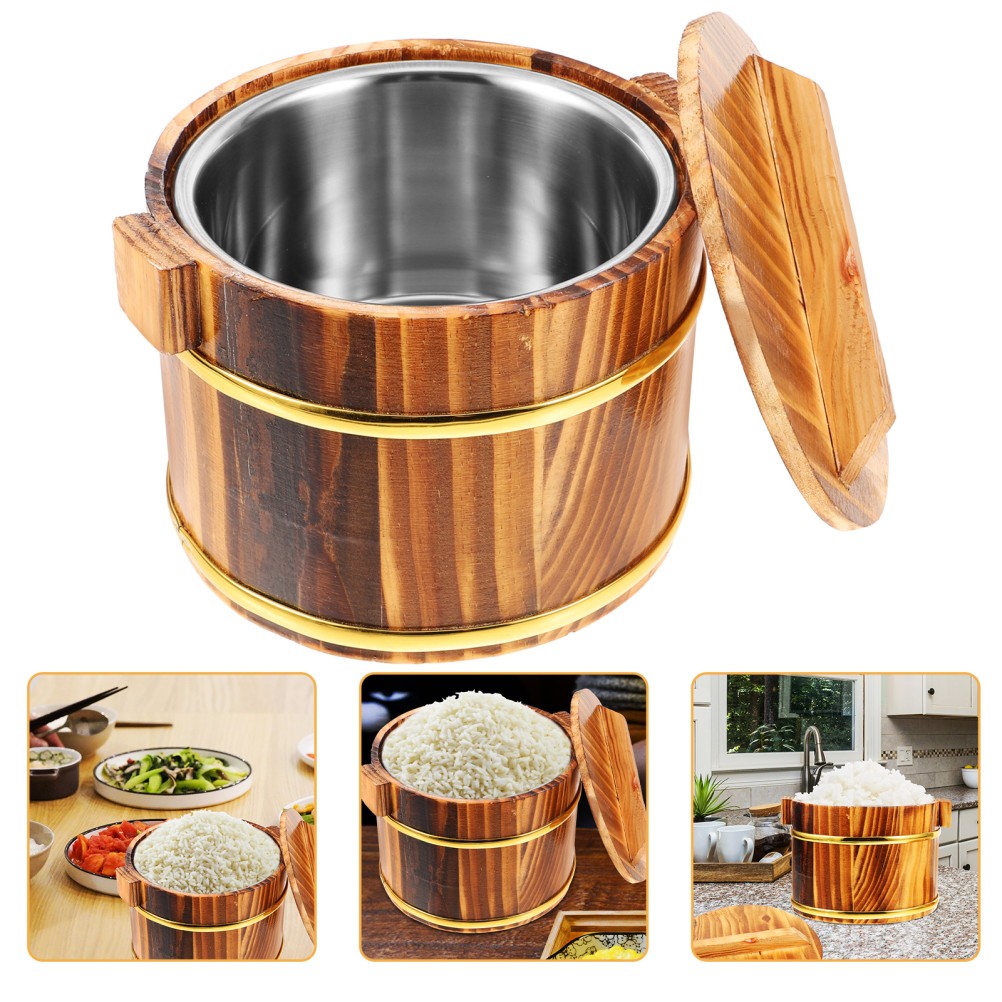 1 Set Wooden Rice Barrel Coffee Color Steaming Bucket for Sushi Serving