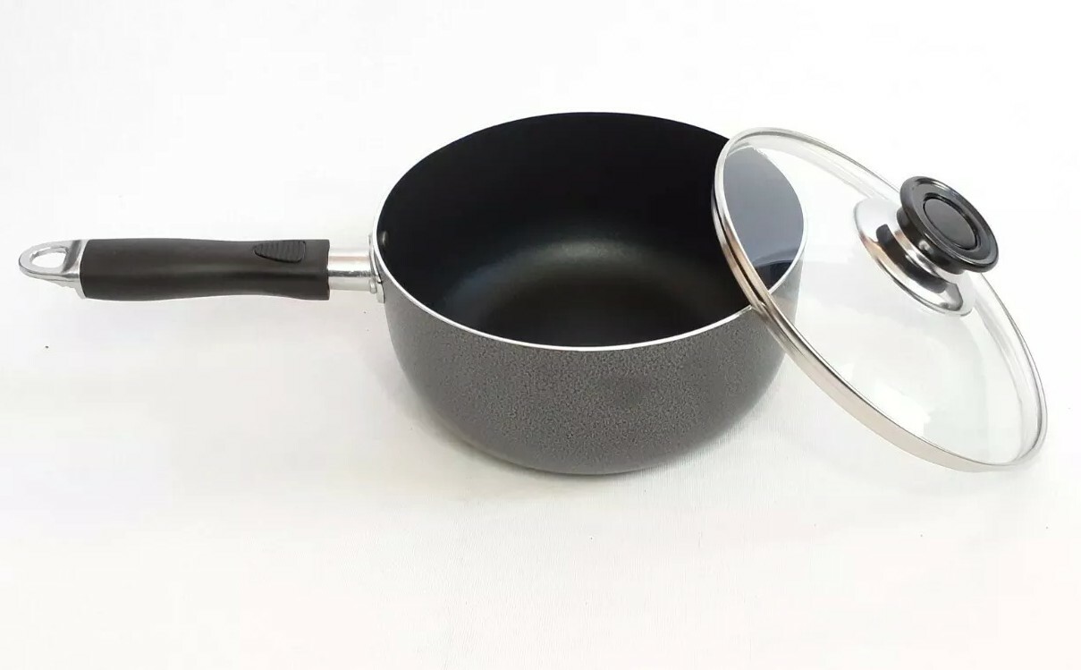 1.8 Quart Non Stick Aluminum Sauce Pan With Glass Lid, Dark Gray 18cm (7.0 inch)