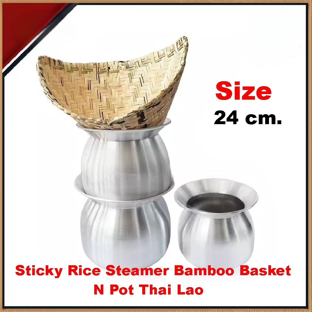 Sticky Rice Steamer Bamboo Basket N Pot Thai Lao Kitchen Cooking Ware 24 cm