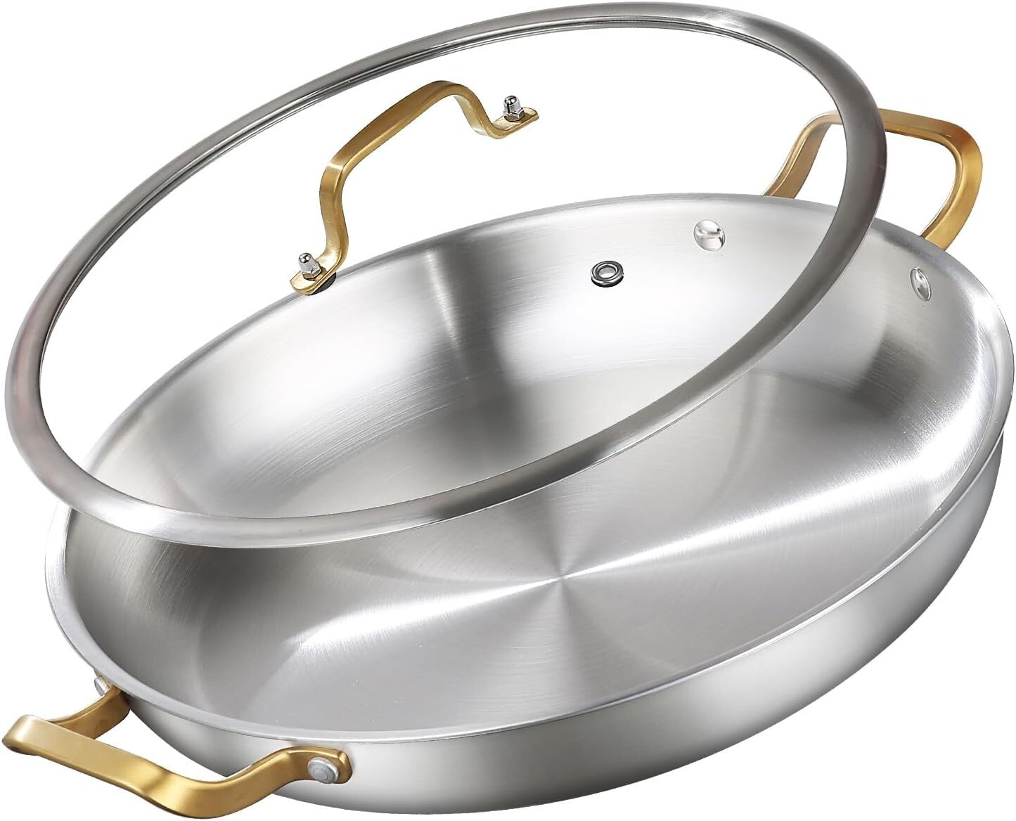 DELARLO 14″ Tri-Ply Stainless Paella Pan w/ Lid – Induction Ready, Large – NIB