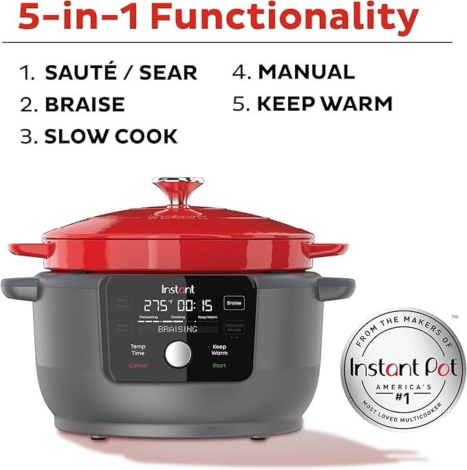 Instapot 6-Quart 1500W Electric Dutch Oven with Recipe Book – Red -CR