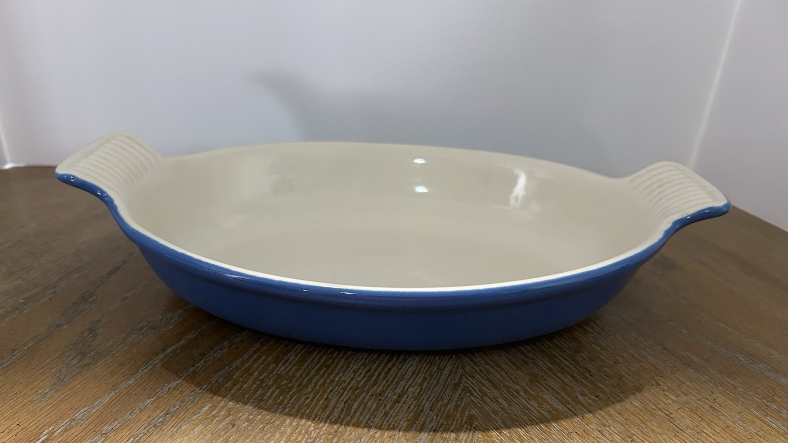 Blue & White Oval Ceramic Casserole Dish 14×8 in, 3 in Tall, Microwaveable