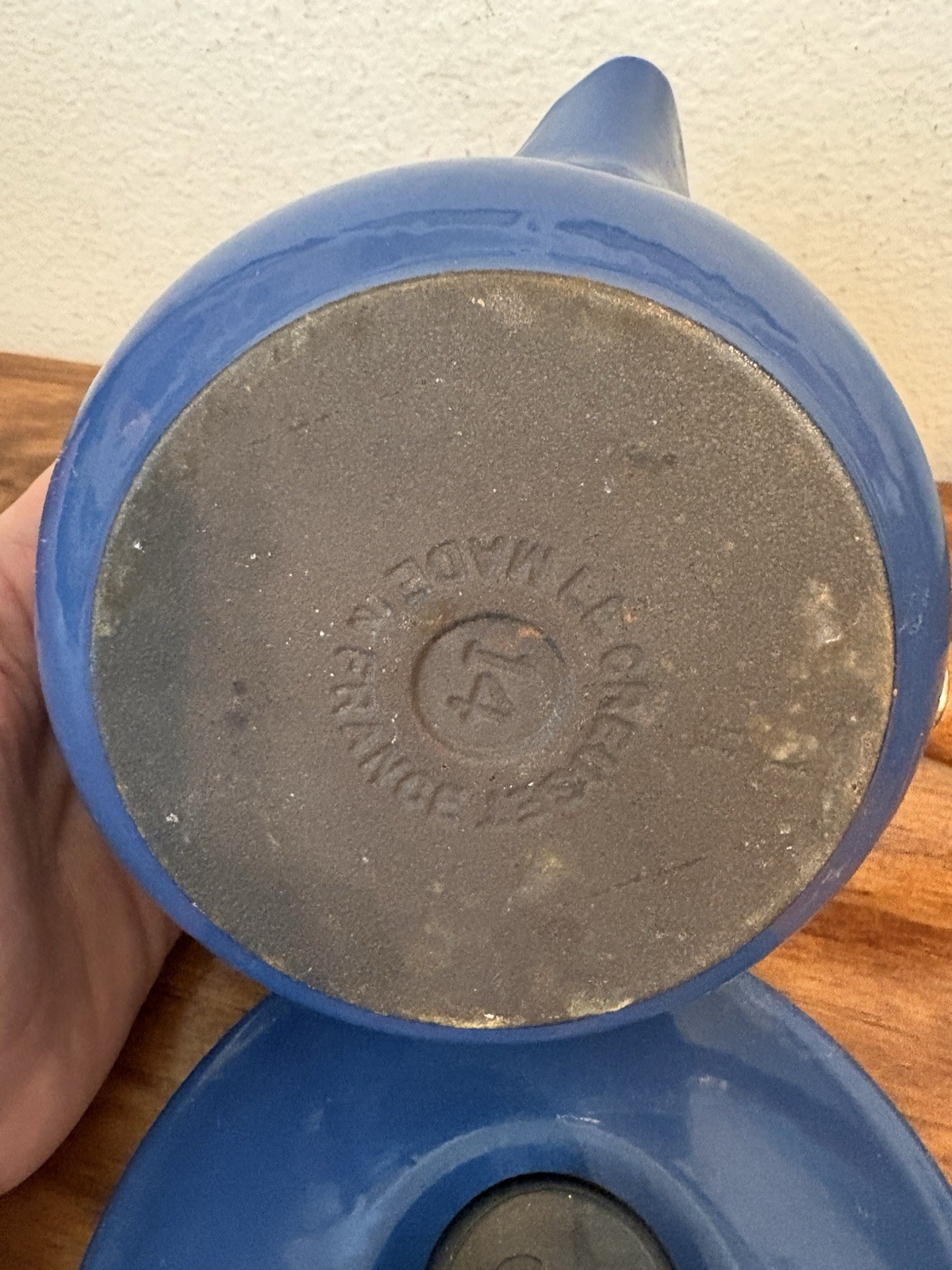 LE CREUSET Blue Enamel SAUCEPAN w LID & Wood Handle #14