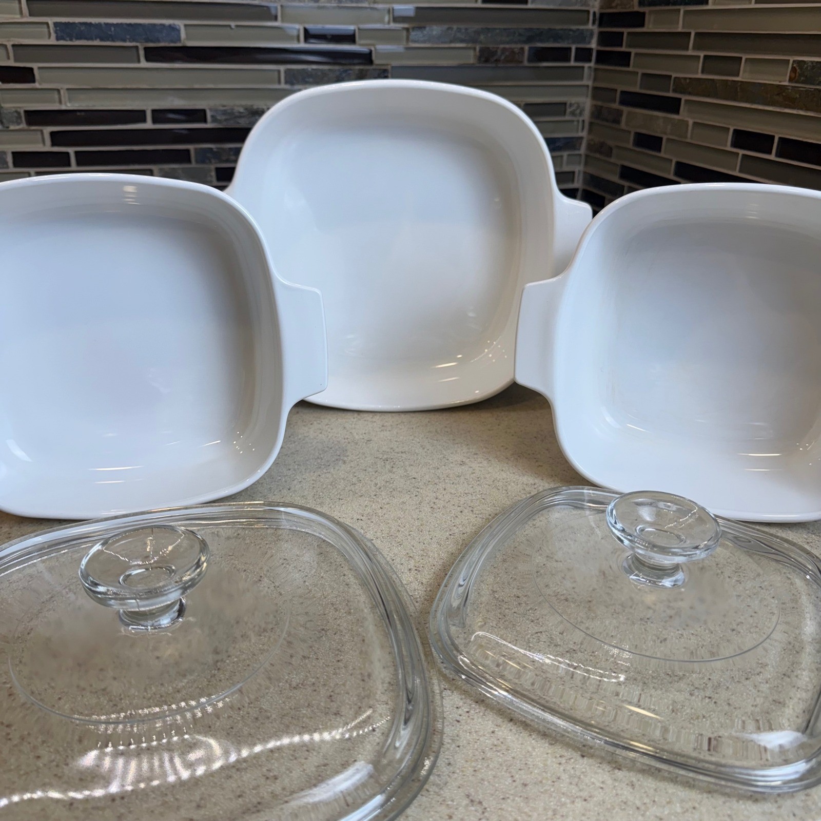 VTG Corning Ware Shadow Iris Casserole Dish 5pc Set w/ 2 Lids 1L, 1.5L, 2L