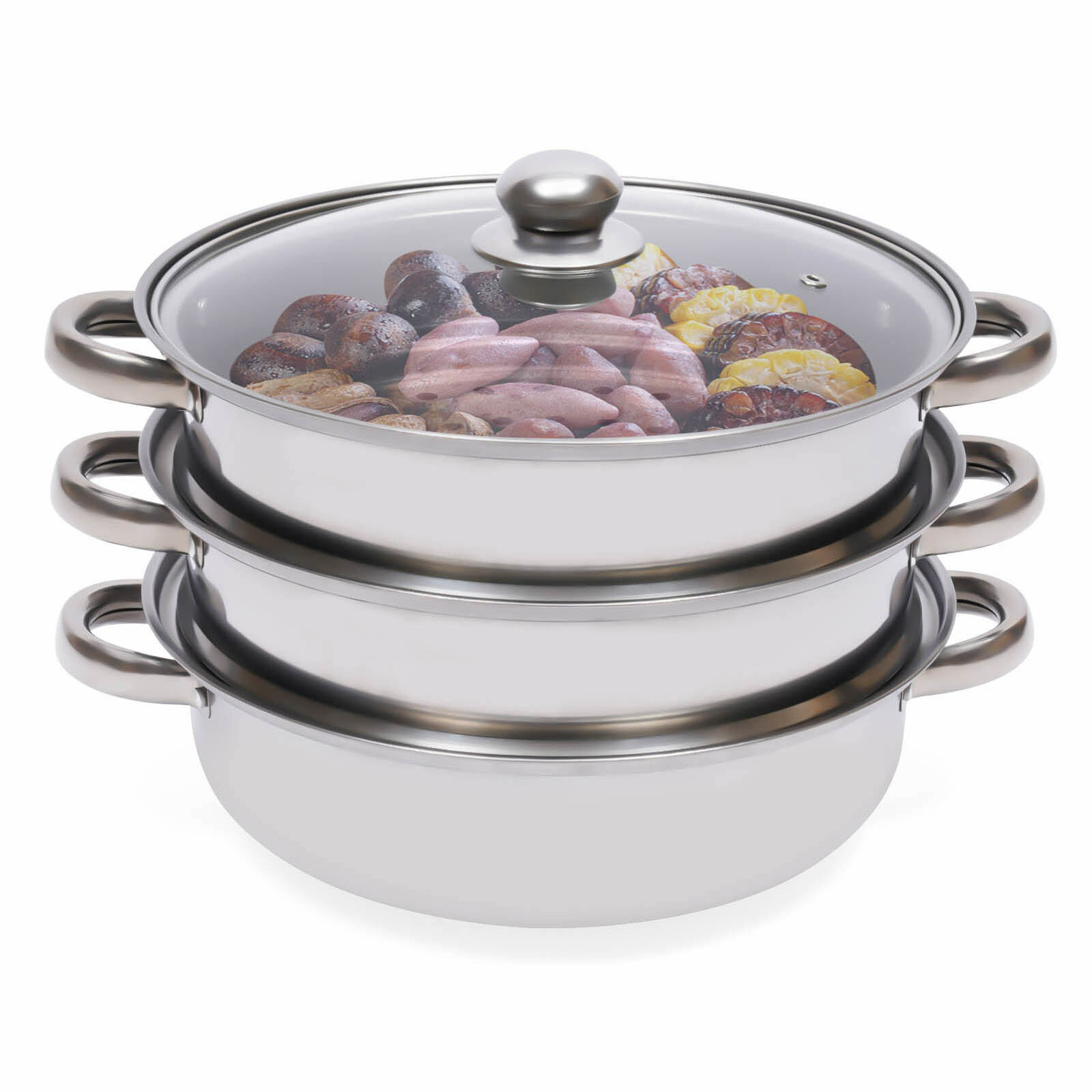 3 Tier Steamer Hot Pot Stainless Steel Cooker Steam Pot Food Cooking + Glass Lid