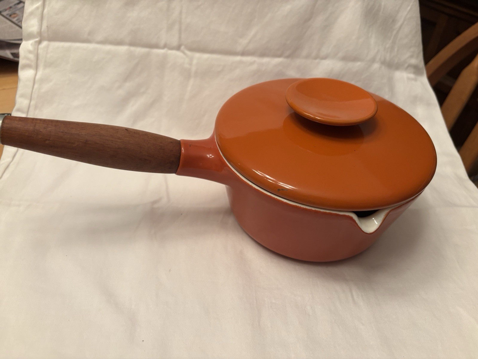 Copco Michael Lax Orange Enamel 1 Qt Saucepan w/ Lid Wood Handle Pour Spout