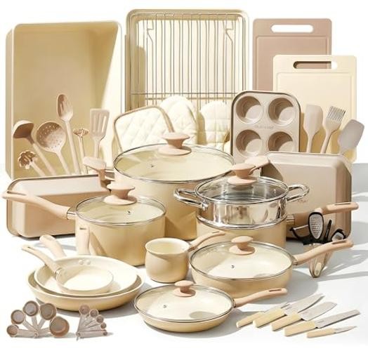 54-Piece Marble Non-Stick Cookware and Bakeware Set, 54pc Set Taupe Brown