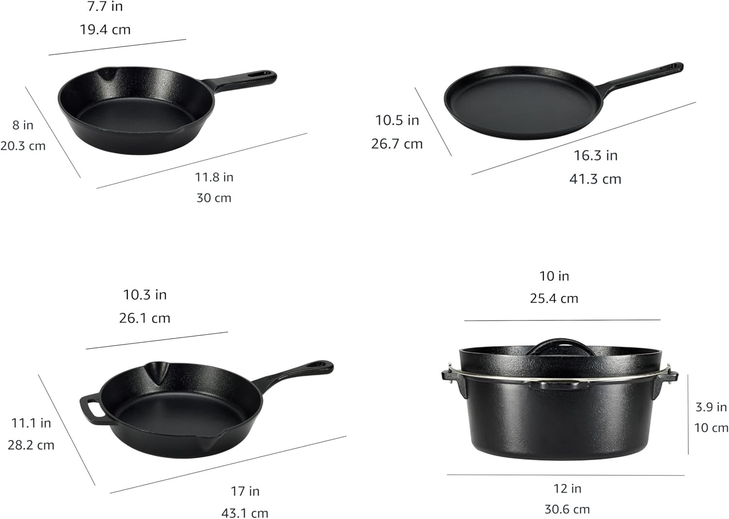 Amazon Basics Pre-Seasoned Cast Iron 5-Piece Cookware Set, Oven Safe, Cooks Even