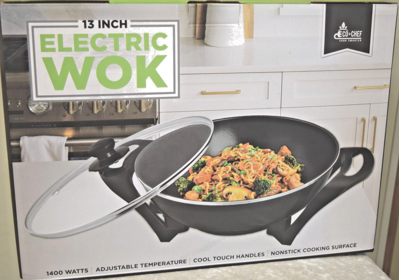 13 in Nonstick Electric Wok 1400W Adjustable Temp Handles Tempered Glass Lid