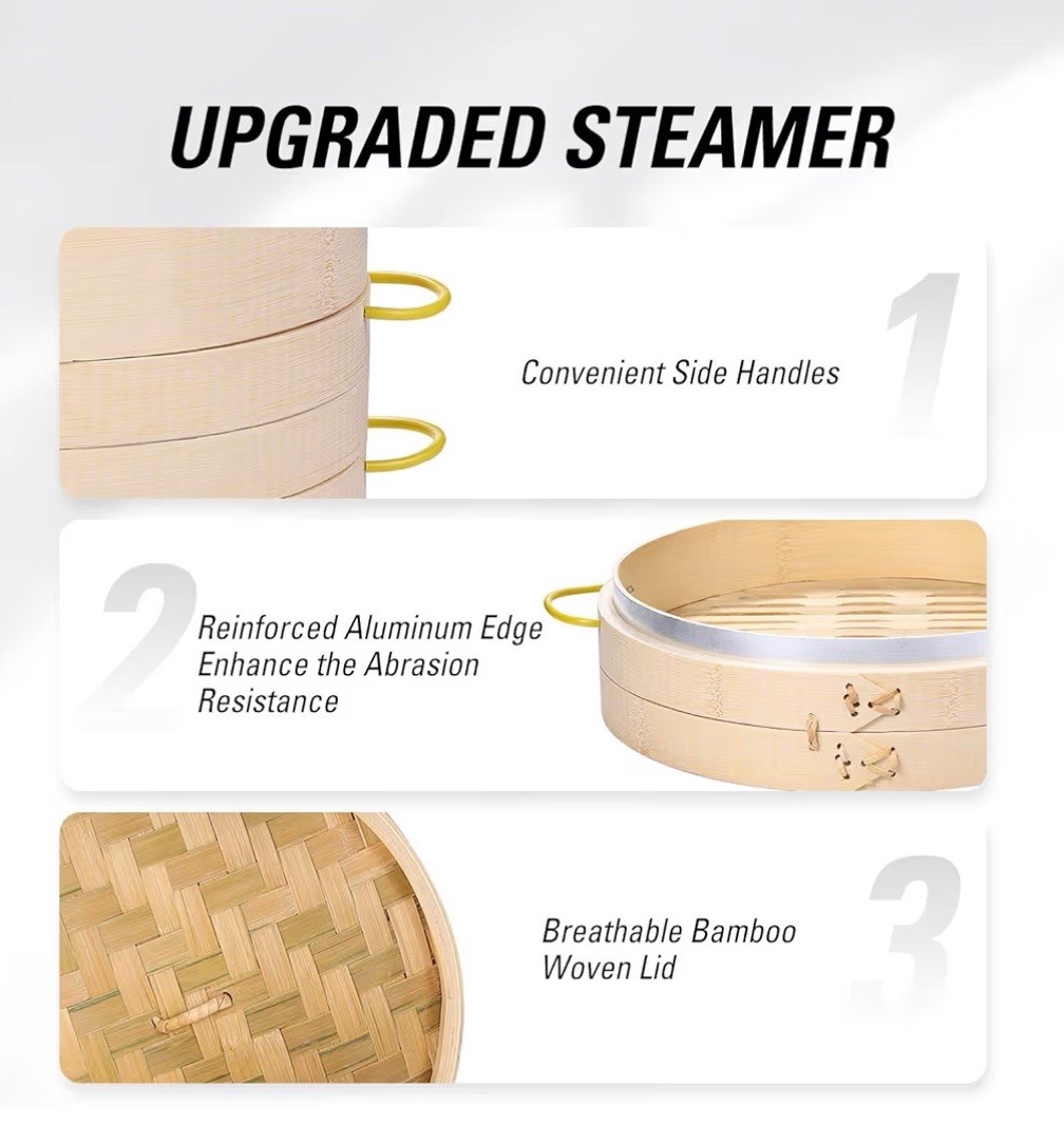 10″ Bamboo Steamer Basket Set – 2 Tier Dumpling Steamer with Handles & Liners