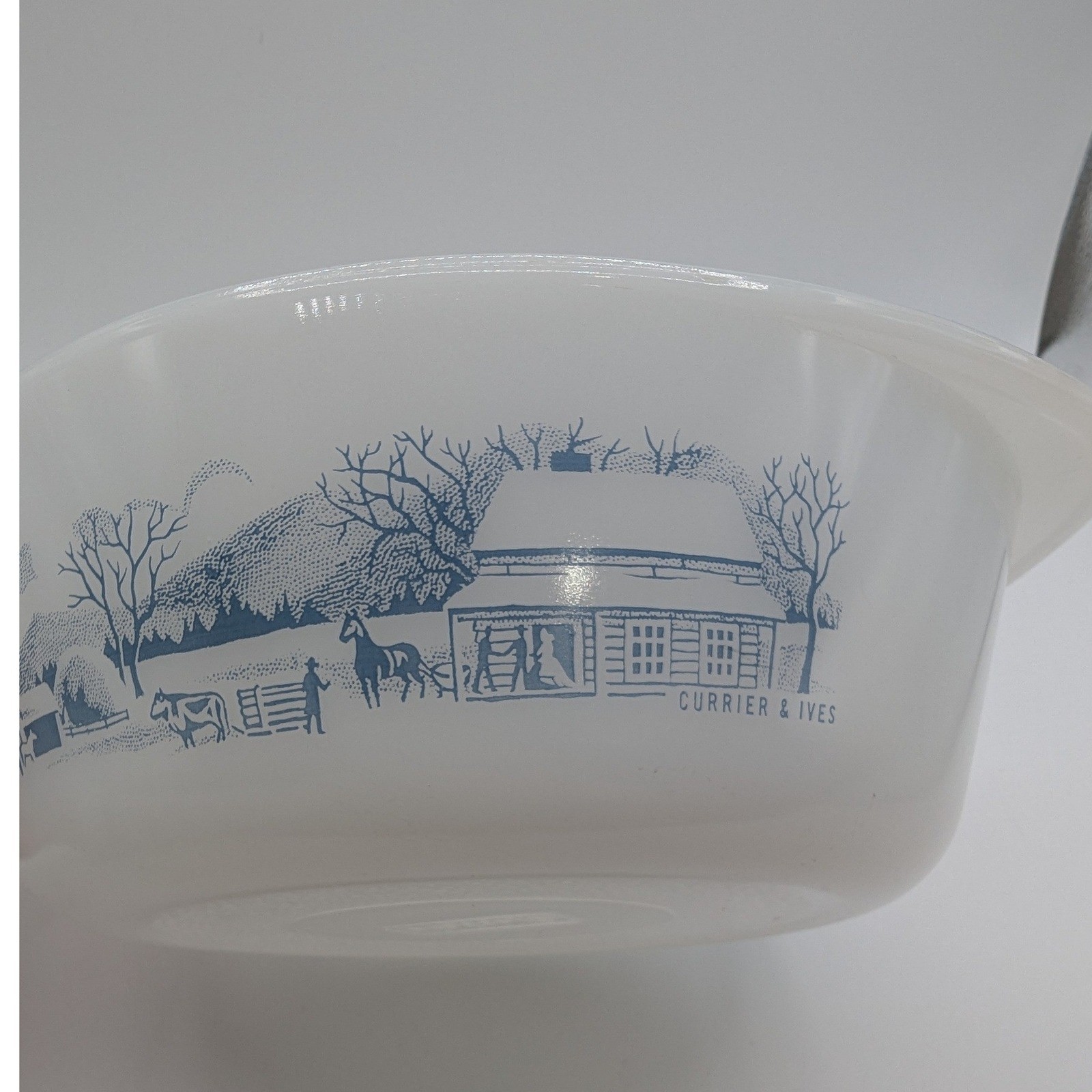Glasbake Currier & Ives Blue Milk Glass Round Casserole Dish J-514 2 QT USA