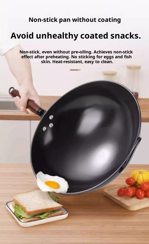 32/34/36CM Wooden Handle Iron Wok Non-Stick Stir Fry Pans Gas Stove Induction AU