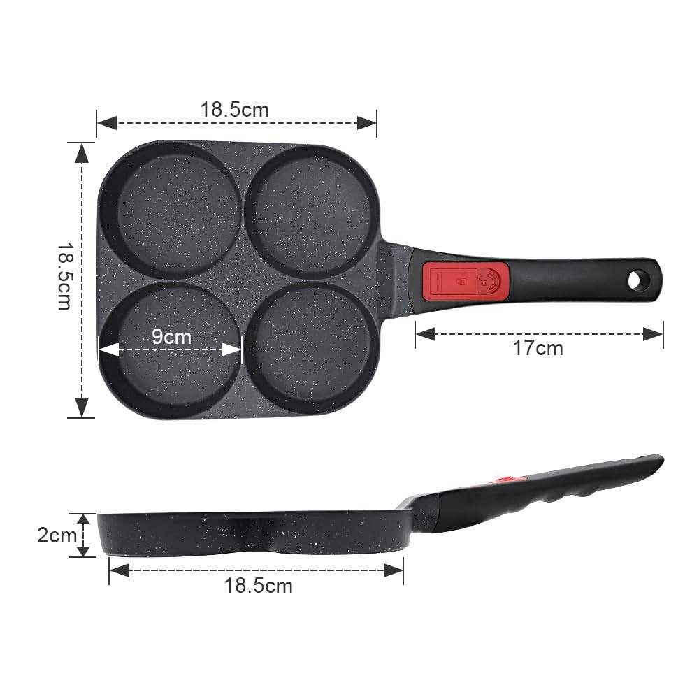 4Cup Nonstick Egg Frying Pancake Pan Detachable Handle Burger Skillet Black