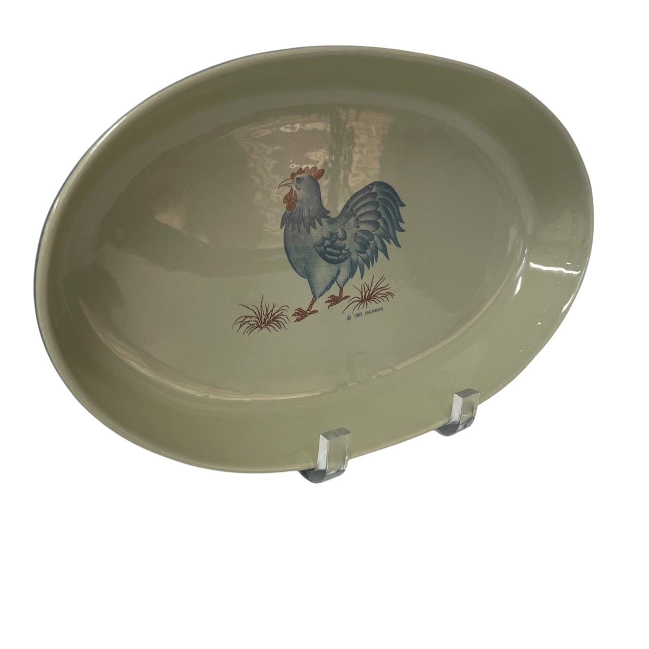 Oval Casserole Blue Rooster On Grey Stoneware By Jacaman Vintage 1983 Nice