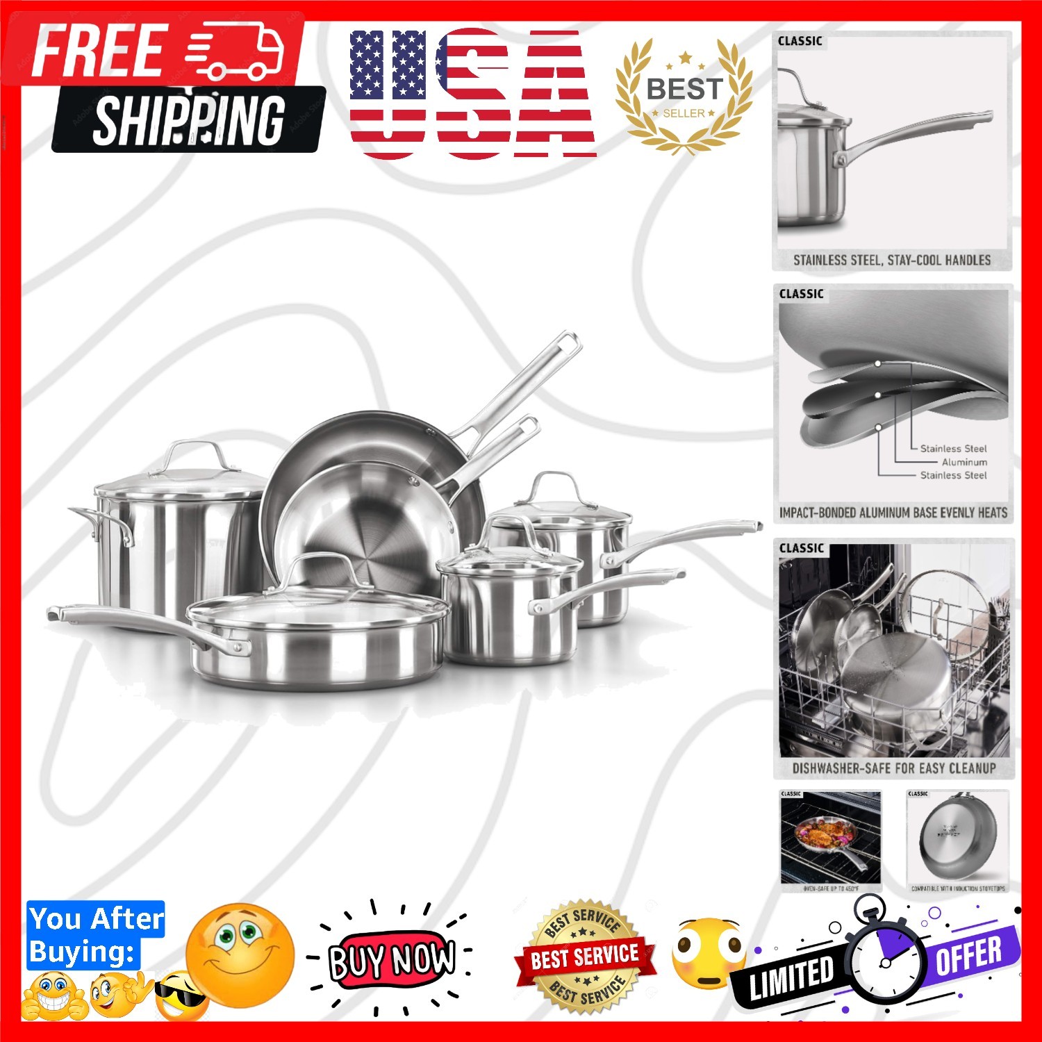 Classic Stainless Steel Cookware Set, 10-Piece, Impact-Bonded Aluminum Base, …