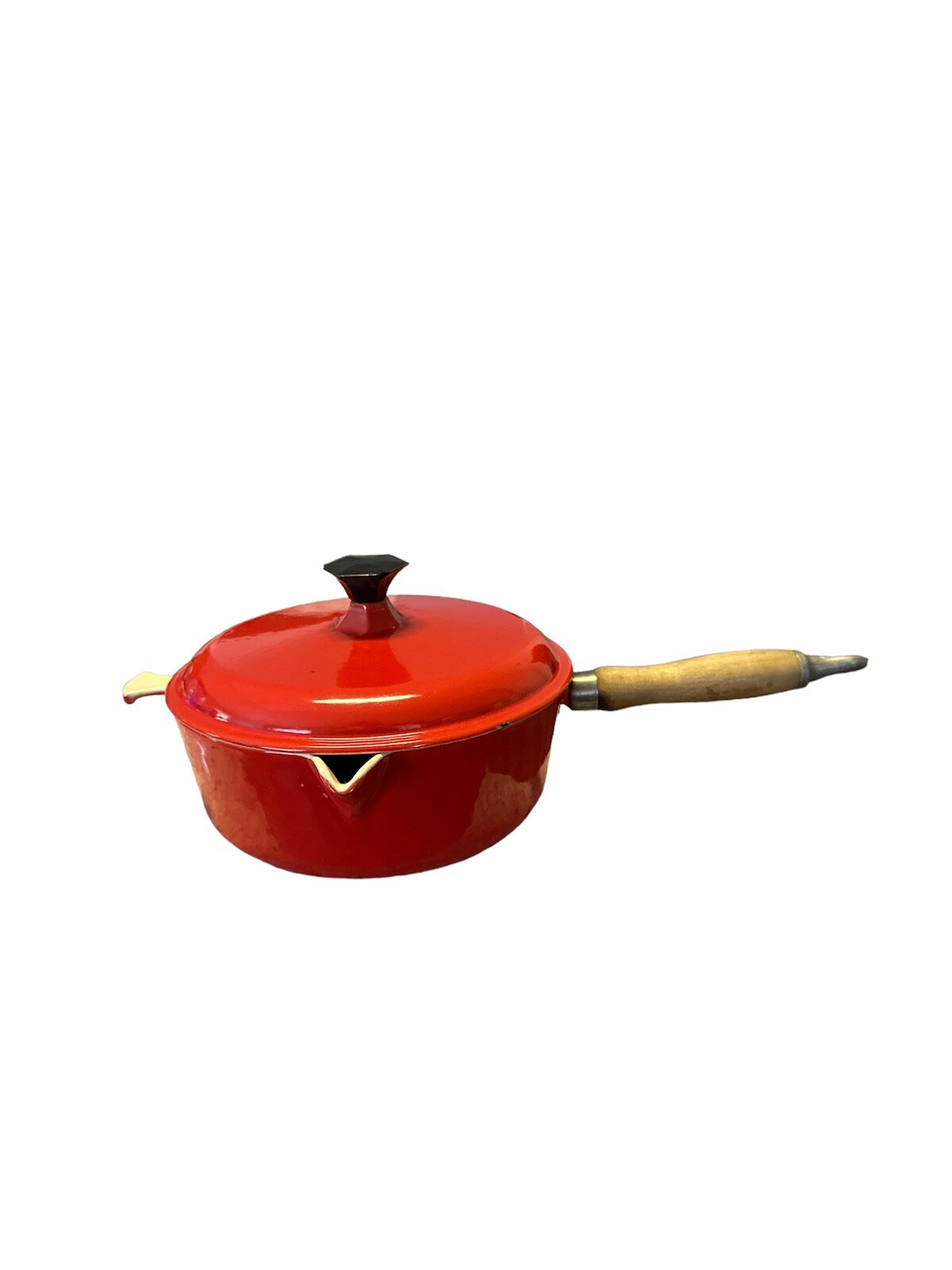 Lavec Saucepan 22 Enameled Cast Iron Red Orange Pot 3.5”x8.5” Wood Handle Spout