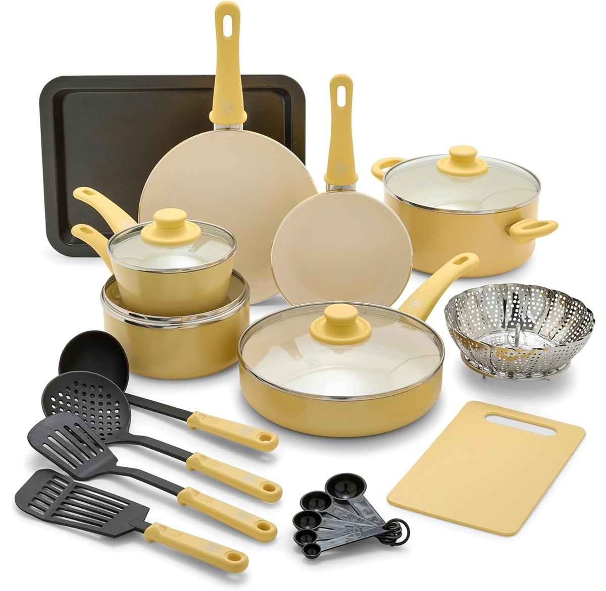 GreenLife Soft Grip Nonstick Ceramic 18Piece Cookware Pots/Frying Pans Set Yello
