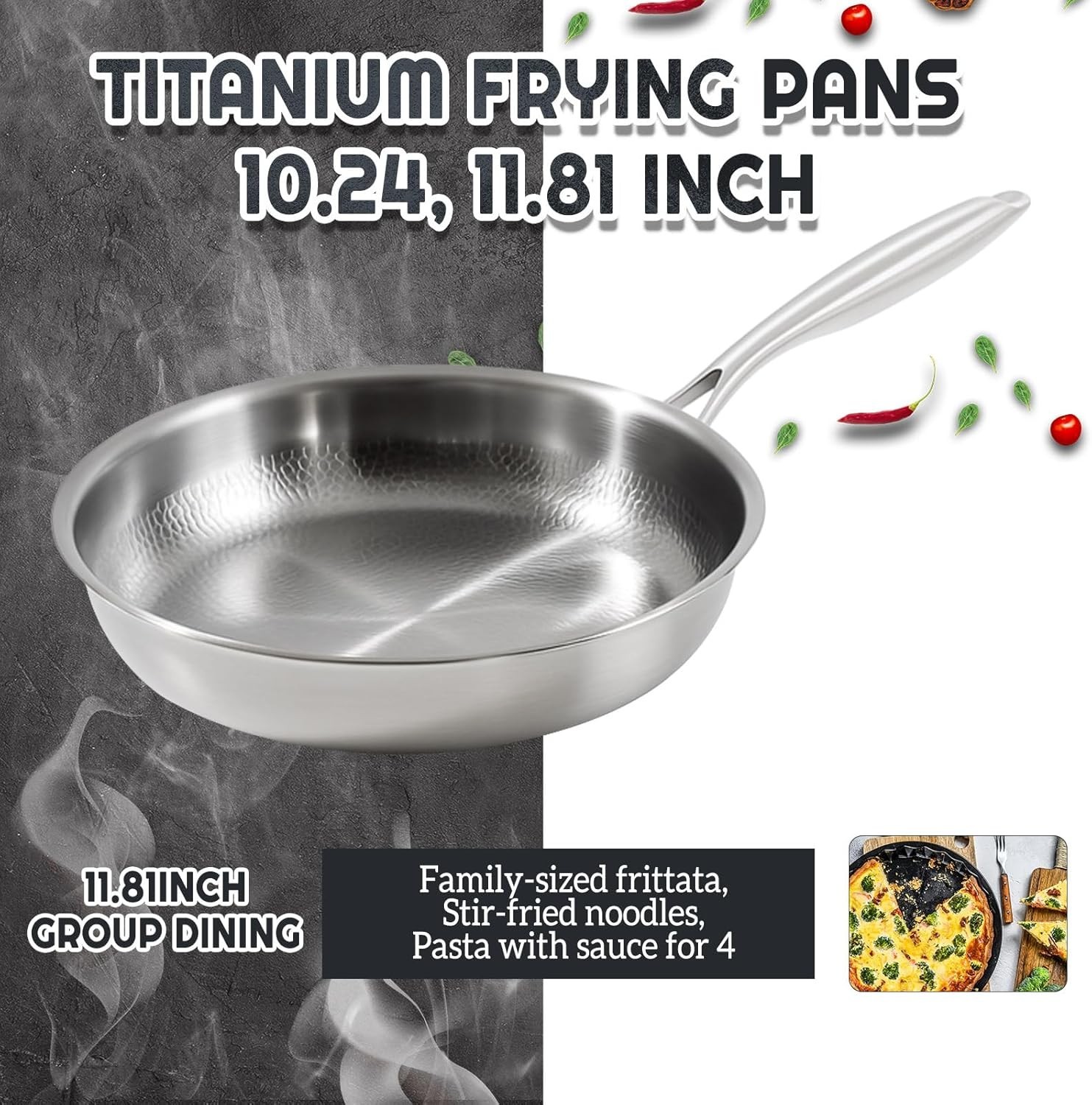 Pure Titanium Hammered Frying Pan with Lid, 11 Inch Skillet, No Coating Cookw…