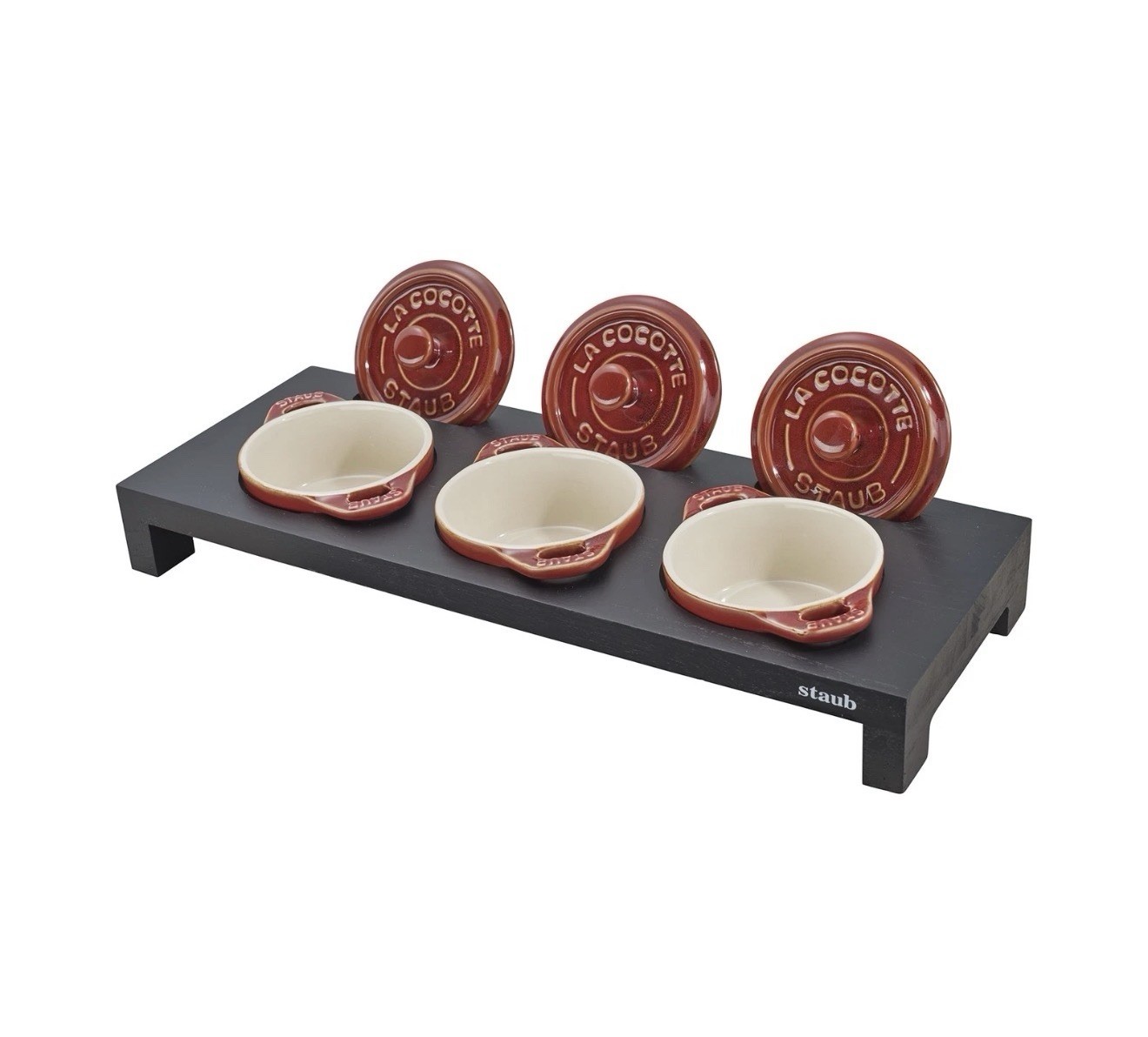 Staub Wood Mini Cocotte Stand For 3 Round Mini Cocottes – Black – 1190700 – New