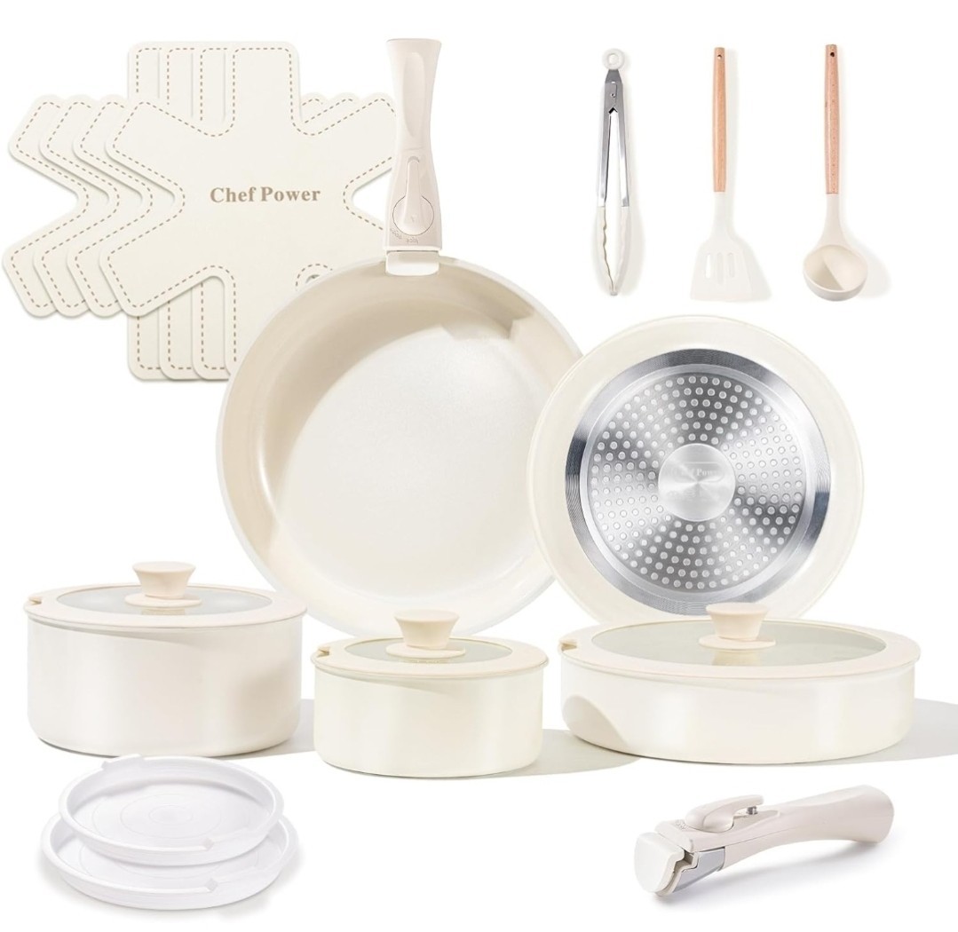 Chef Power Ceramic Cookware Set with Detachable Handles, Nonstick – Non Toxic