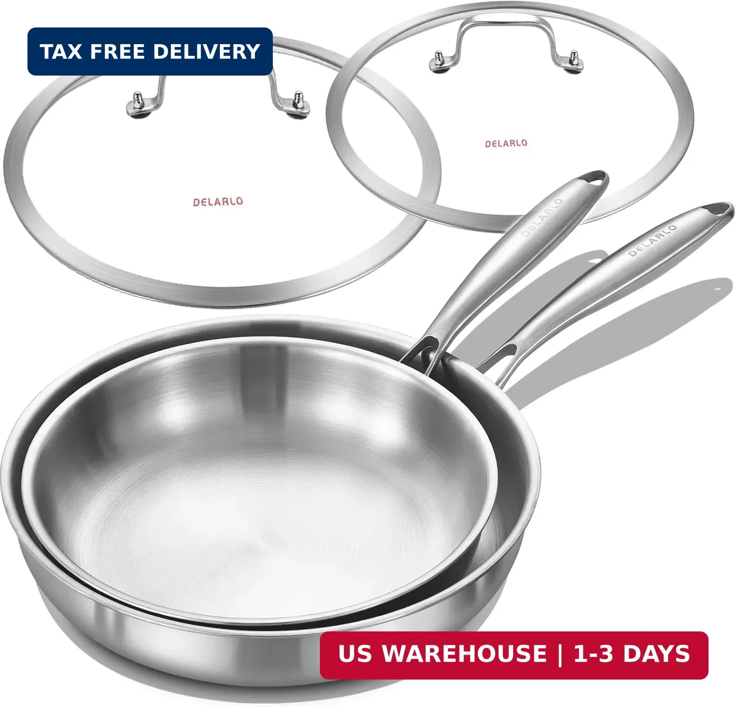 DELARLO Tri-ply Stainless Steel Kitchen Cookware Frying Pan Set with Lid 10.5″ 1