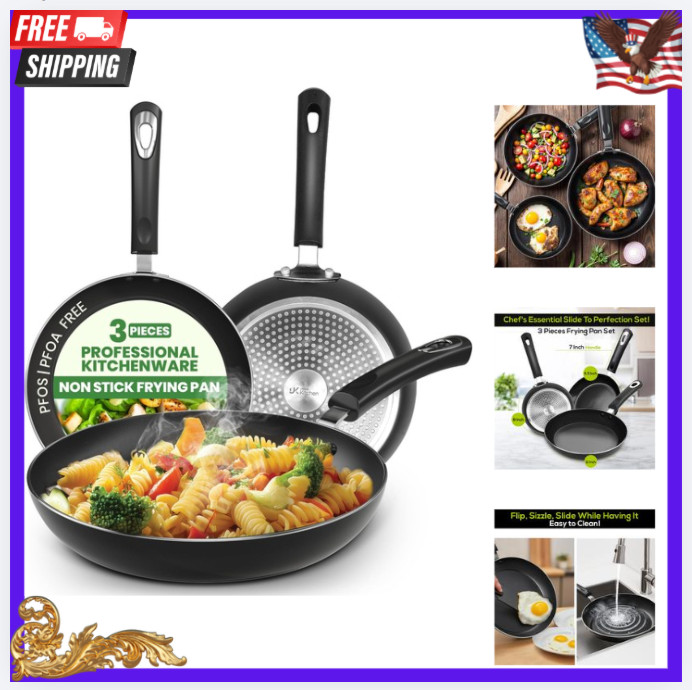 New 3PC Nonstick Frying Pan Set 8 9.5 11in Induction PFOA Free Gray
