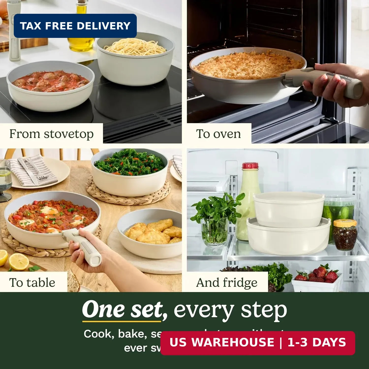 13-Pc ClickSmart Nonstick Detachable Handle Ceramic Cookware, Pots and