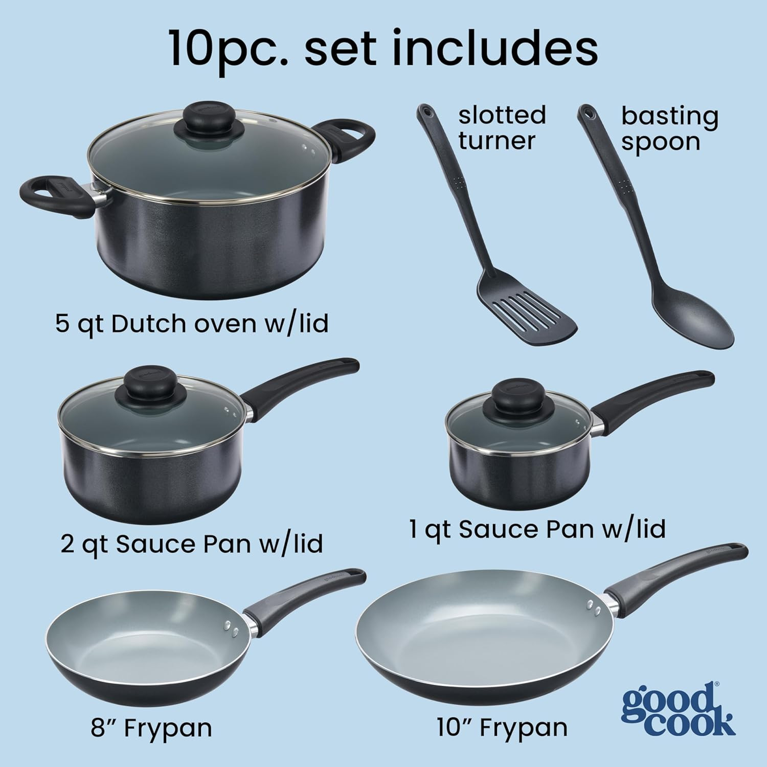 10-Piece Ceramic Nonstick Cookware Set with Fry Pans & Dutch Oven
