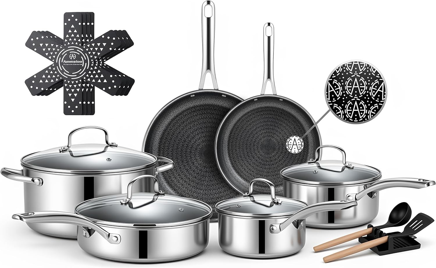 17 Pcs Nonstick Stainless Steel Cookware Set, Hybrid Stainless Steel Pots and Pa