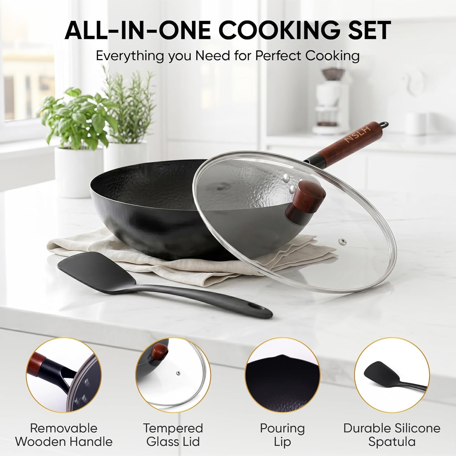 12.6 Inch Carbon Steel Wok Pan with Glass Cover, Pre-Seasoned Nonstick Flat